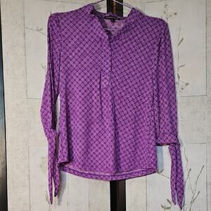 Ashley Blue Purple Button Down Blouse with Cuffed Sleeves and Peter Pan Collar